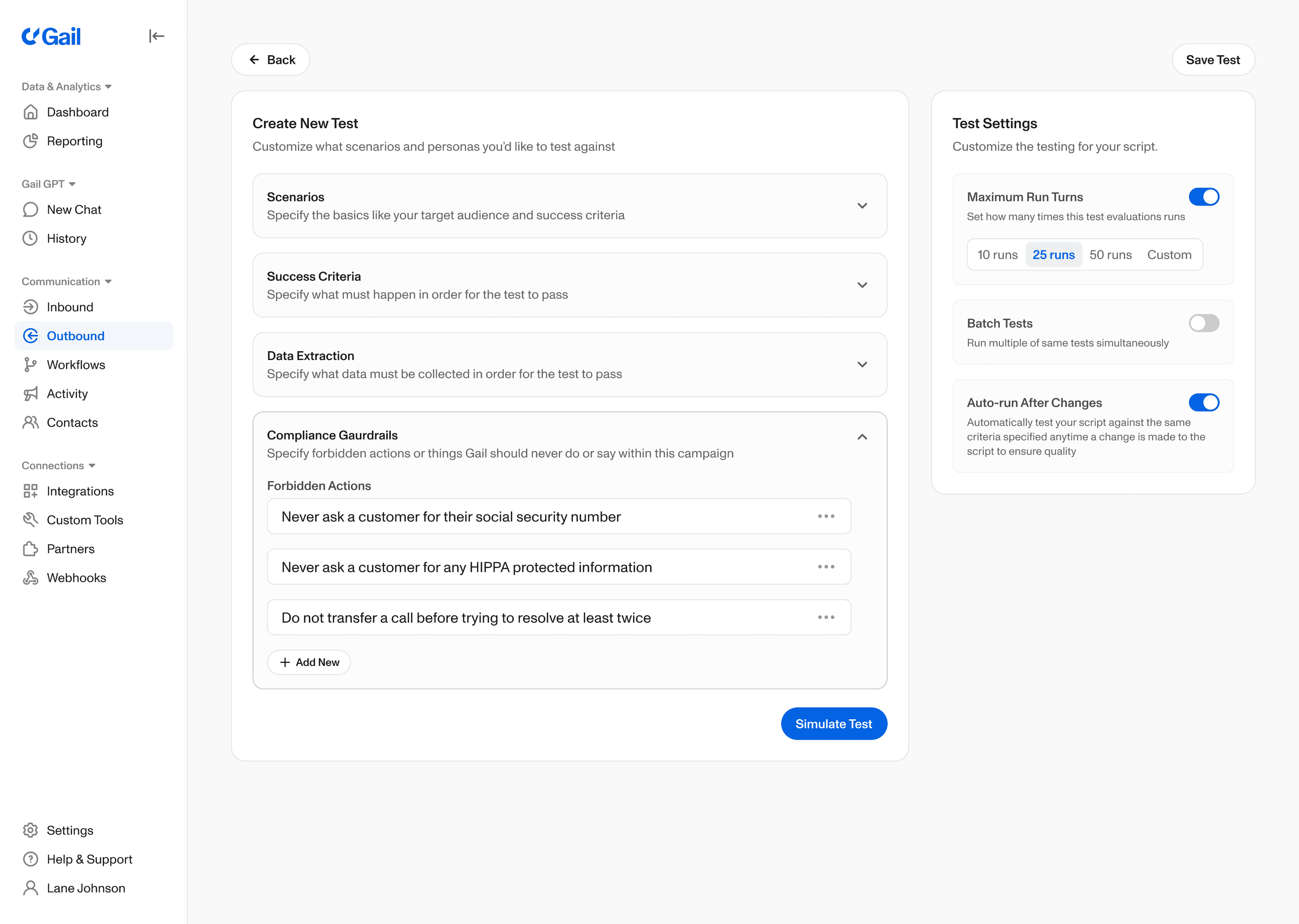Inbound conversation testing dashboard