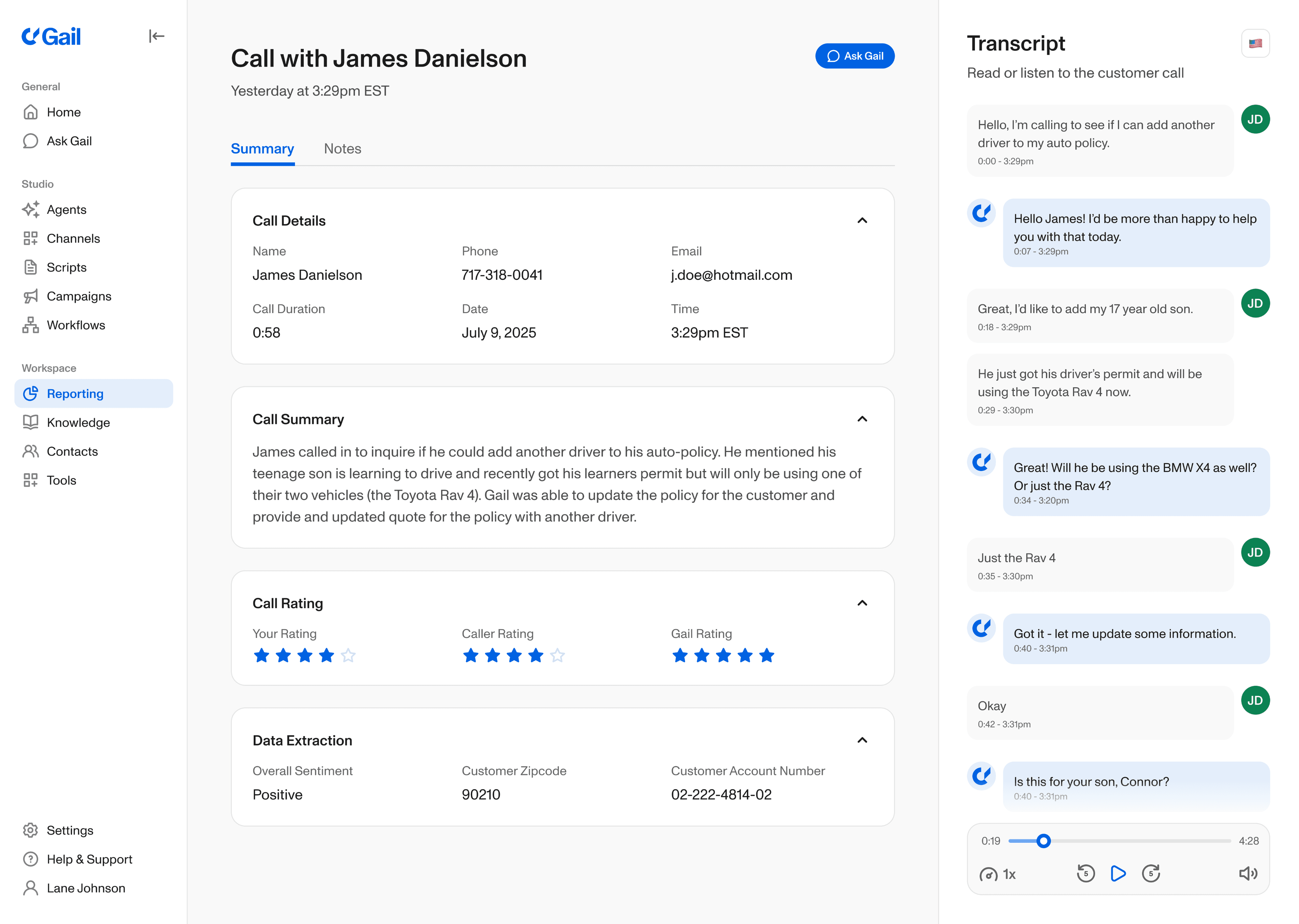 A past call’s detail view — summary, ratings and data extraction beside the full transcript