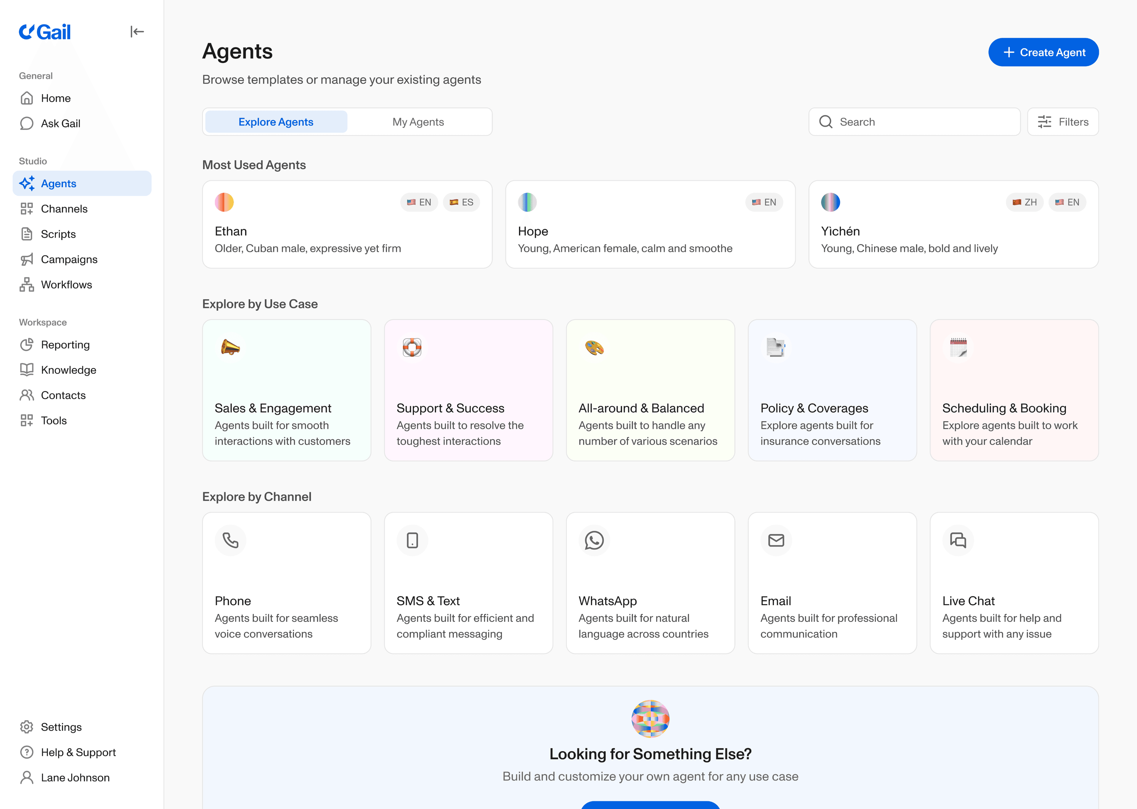 Browsing a library of prebuilt Gail agents by use case and channel