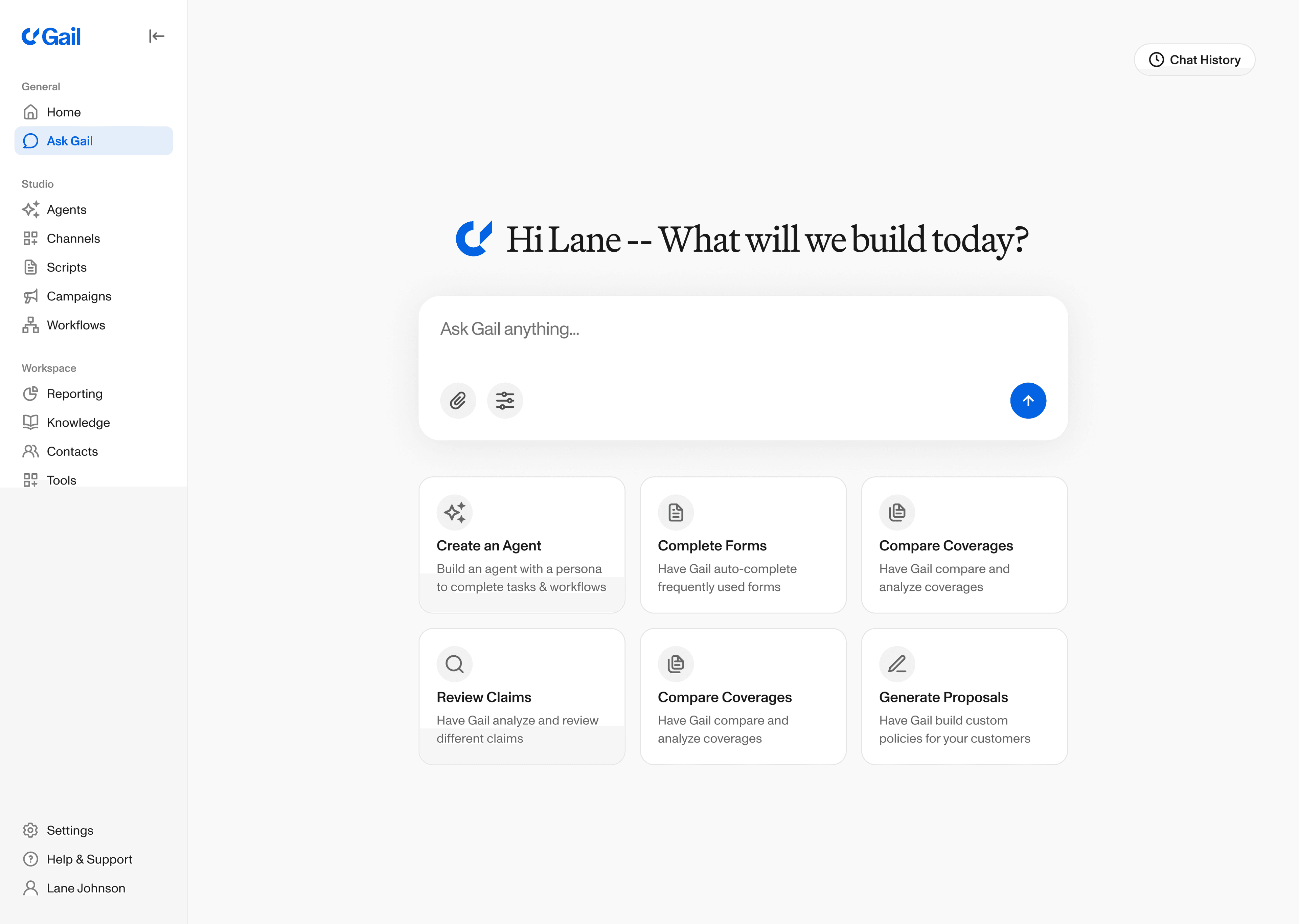 Ask Gail start screen — describe what to build, or pick a suggested task like Create an Agent