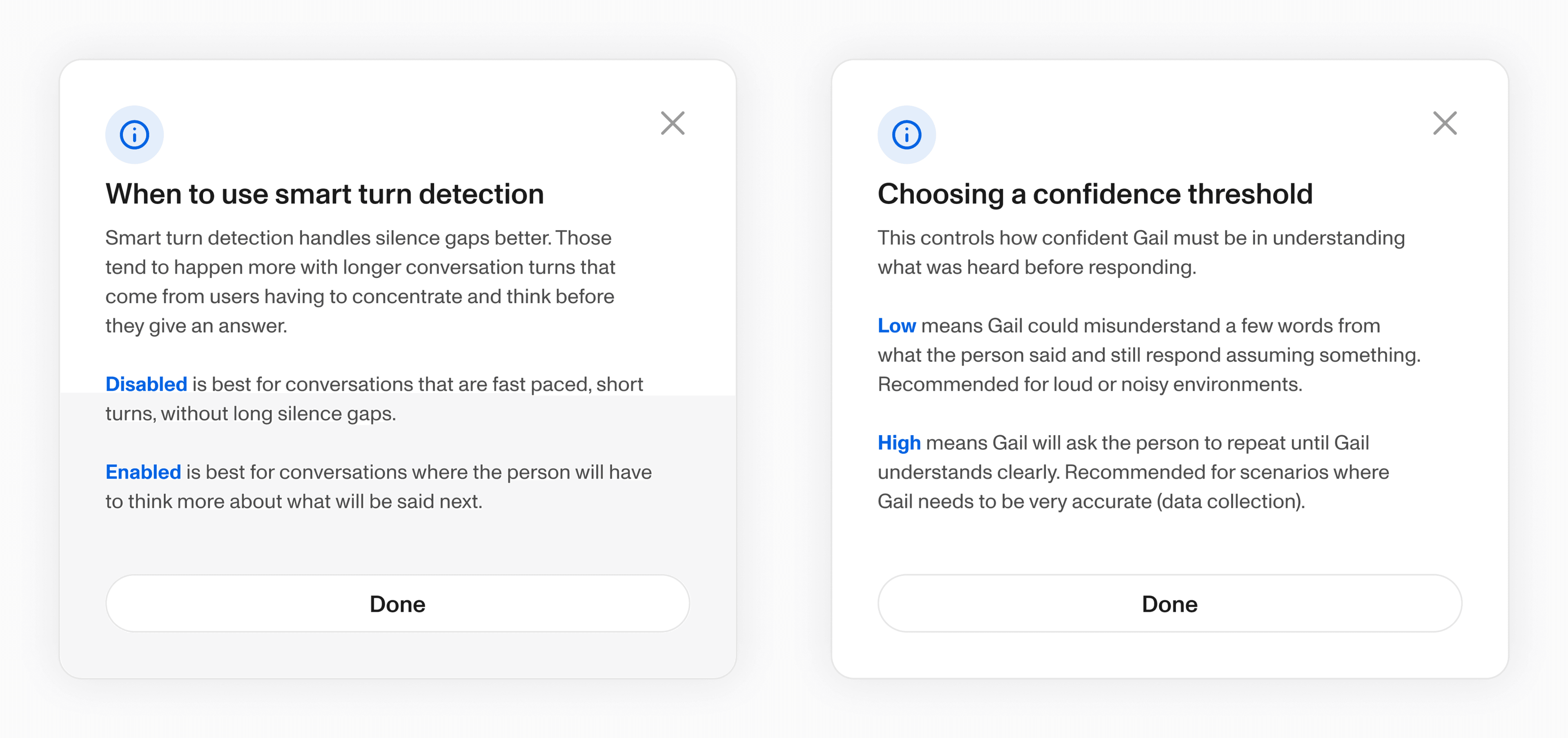 Setting cards explaining agent behavior controls in plain language