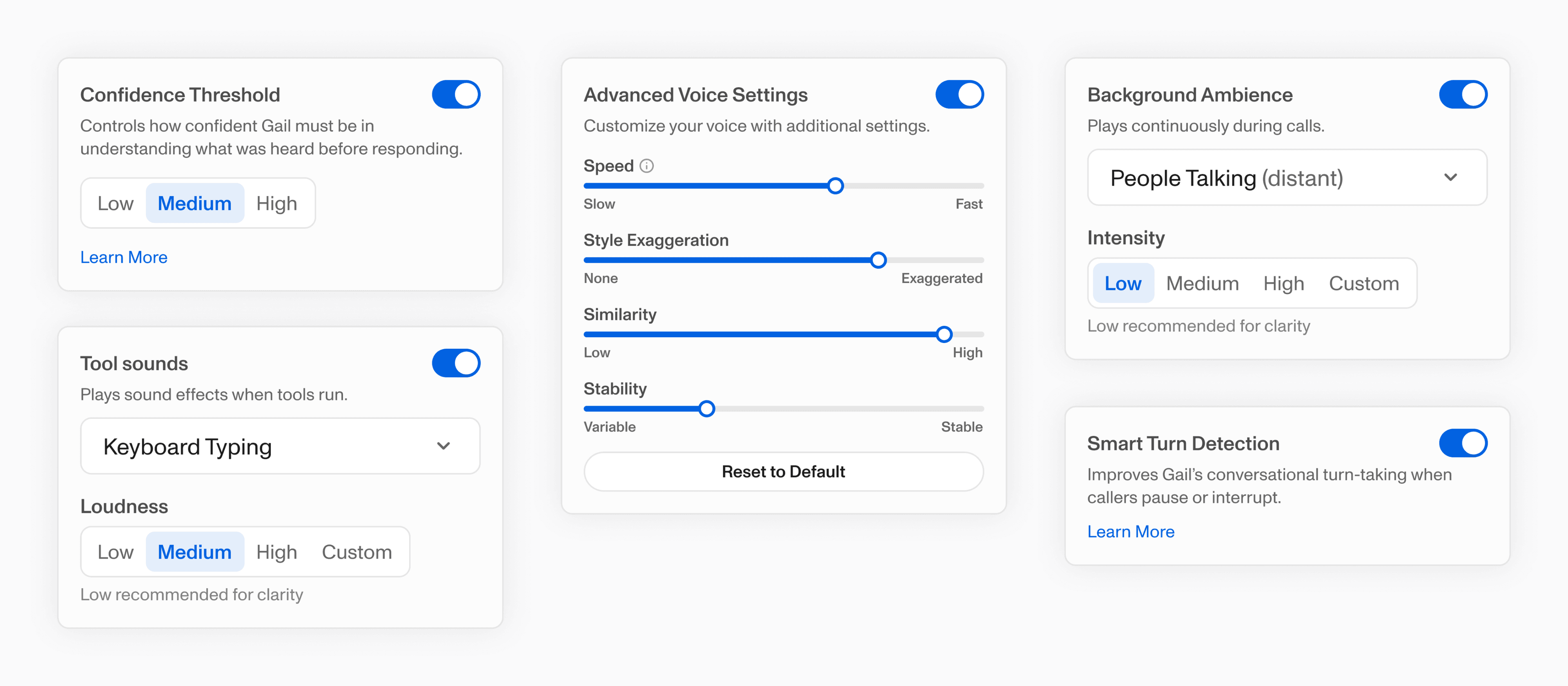 Voice and speaking-control setting cards: confidence threshold, tool sounds, advanced voice settings, and background ambience