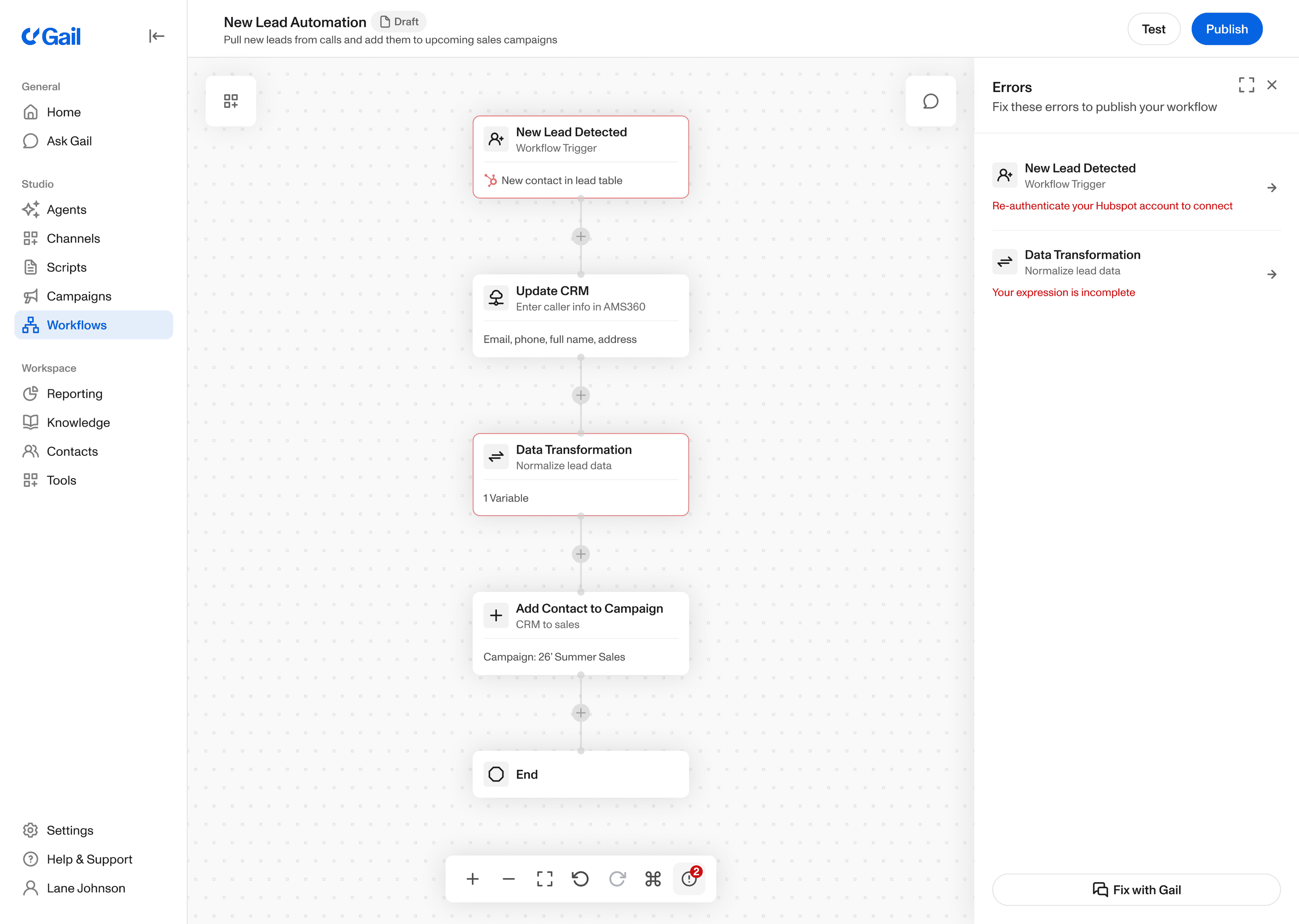 Built-in auditing flagging issues before a workflow is published
