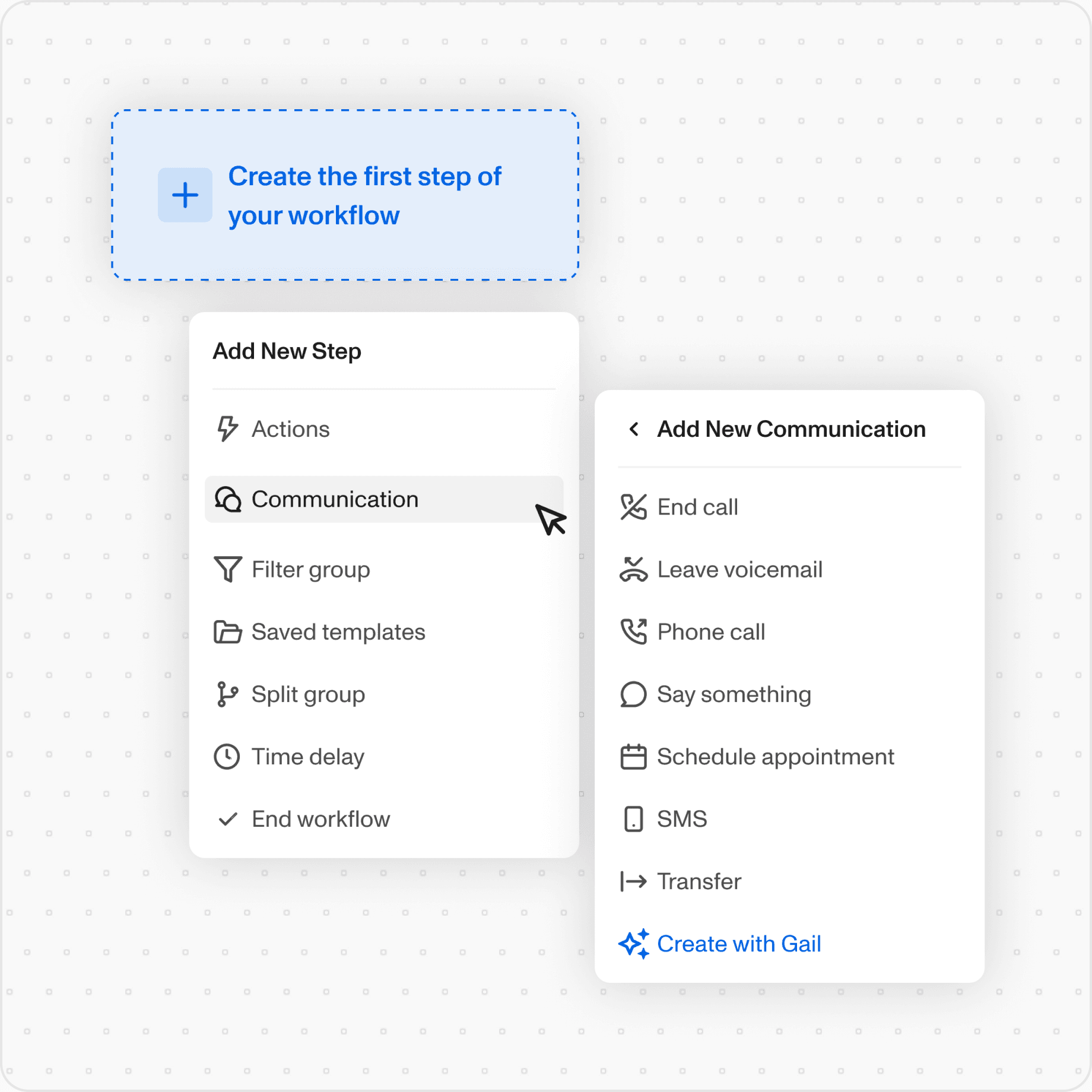 Add New Step menu open on the canvas, drilling into a Communication submenu