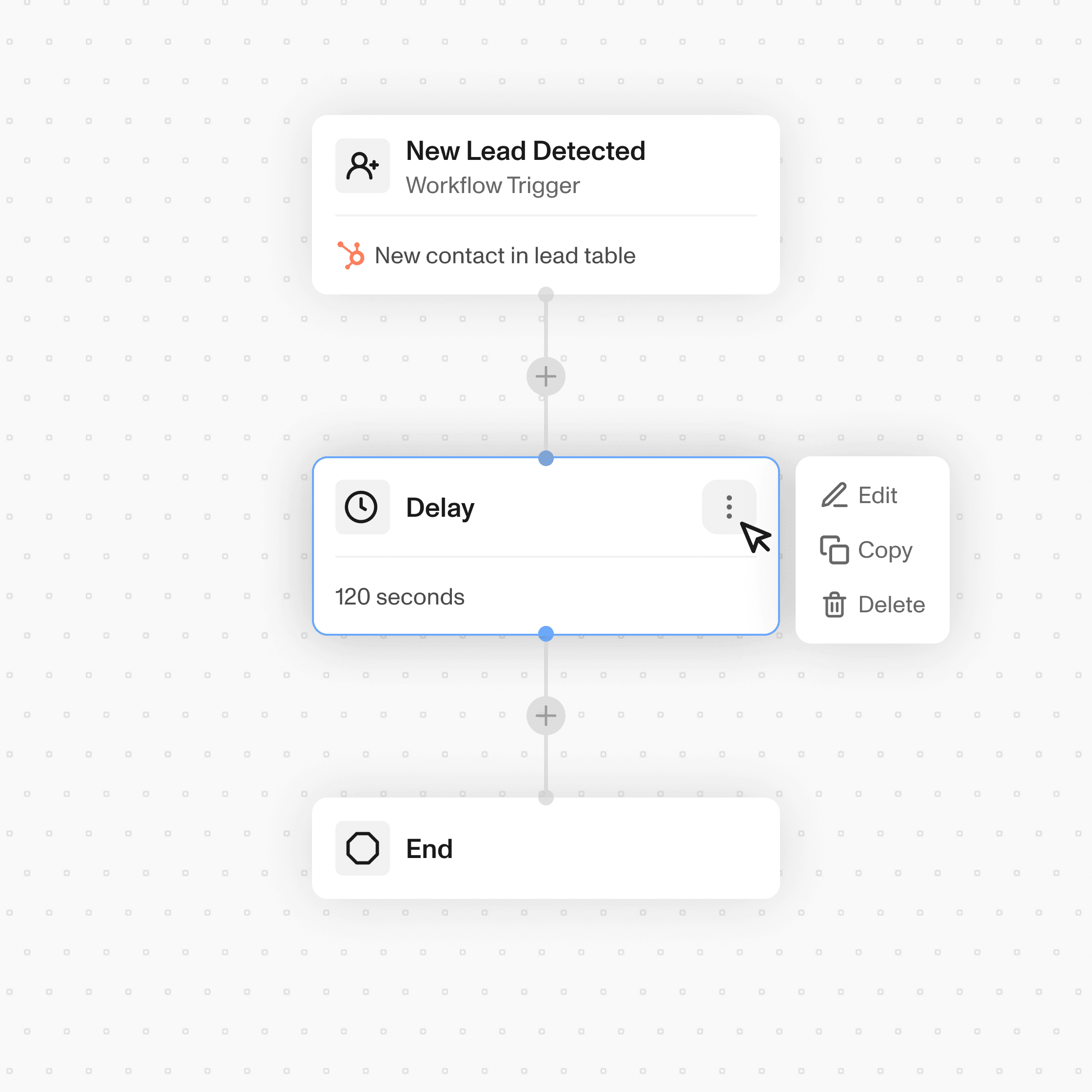 A node’s action menu open in the workflow builder