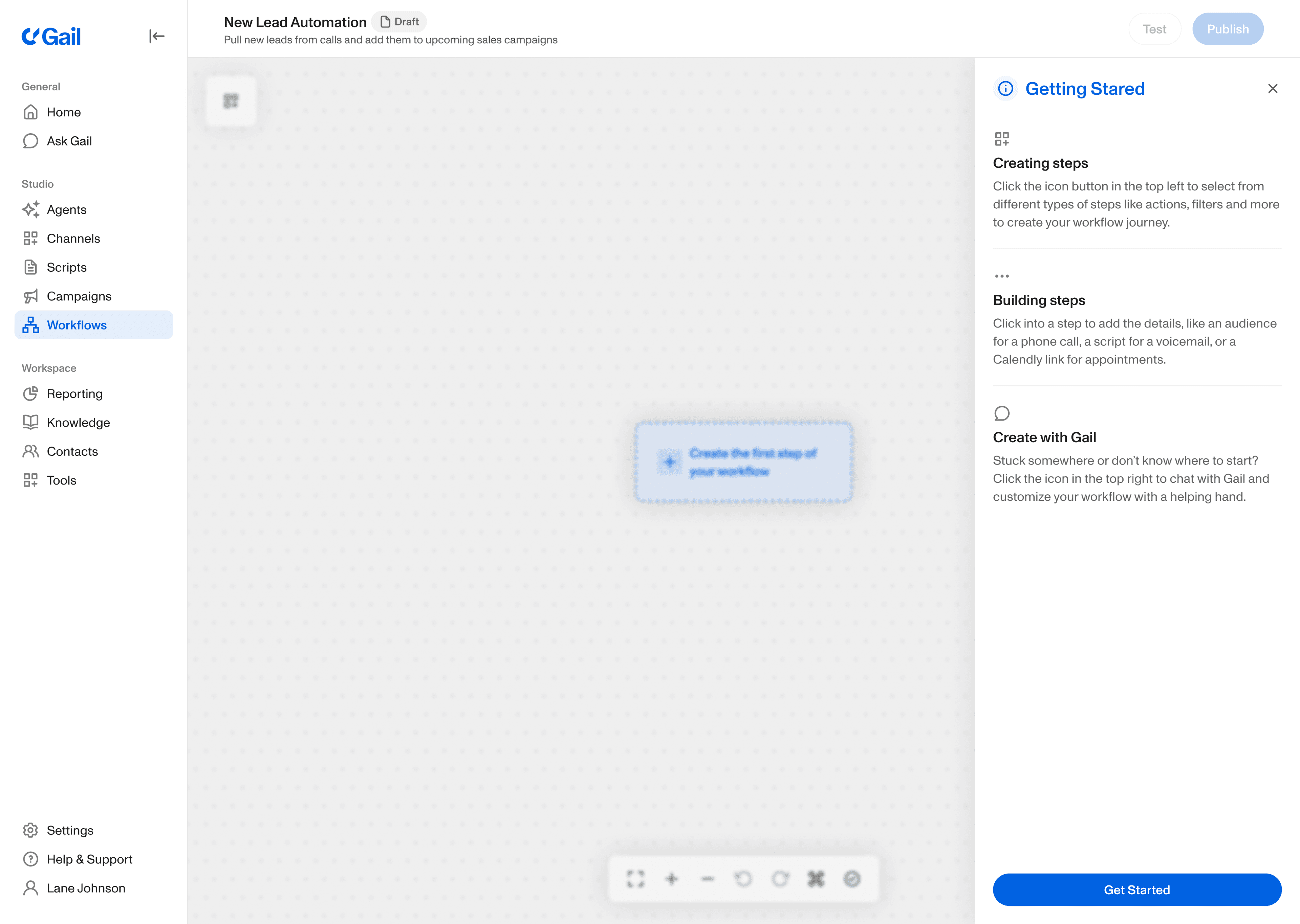 Building a workflow on the visual workspace canvas