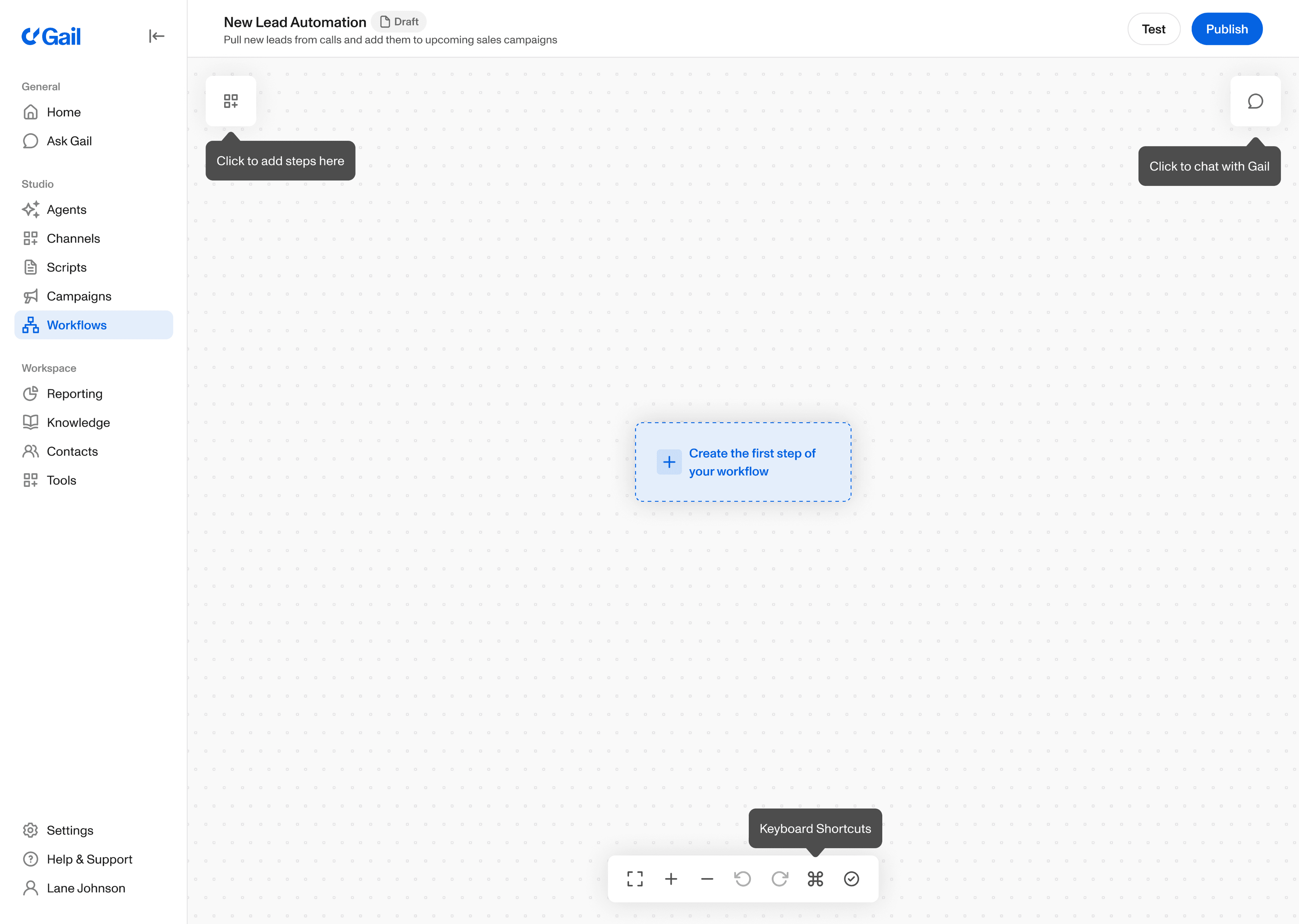 Workspace guides and shortcuts shown while building a workflow