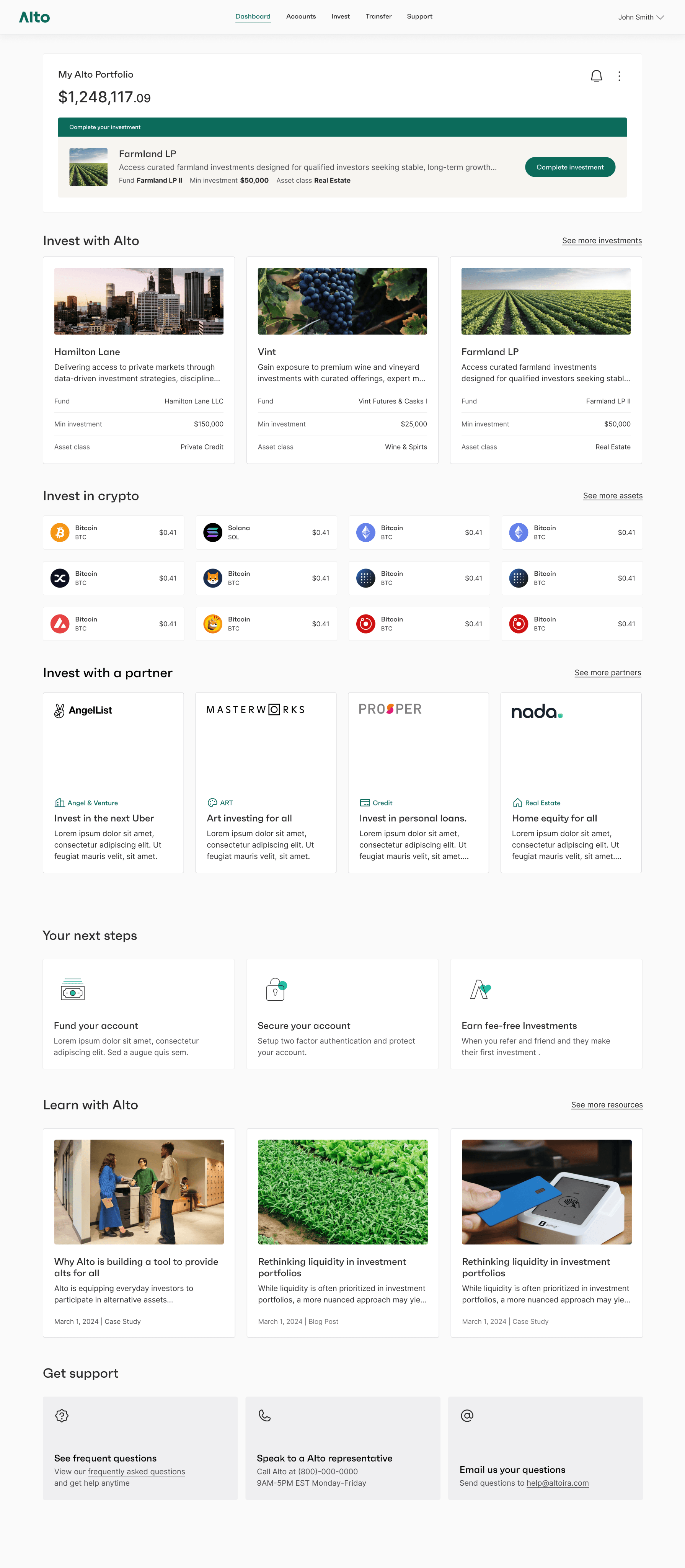 Investing dashboard showing portfolio and opportunities