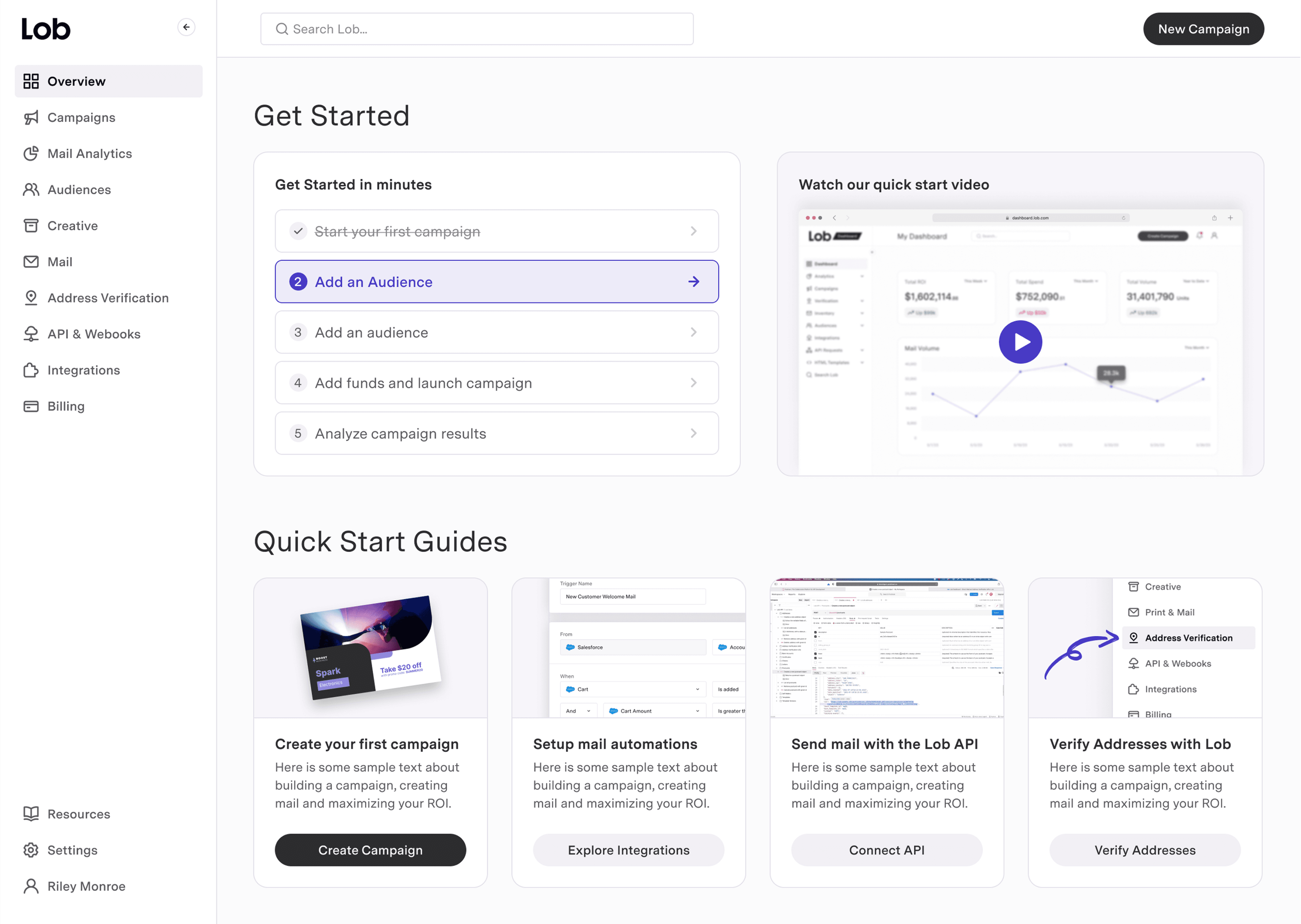 Lob's marketing automation dashboard with a get-started campaign guide and quick start guides