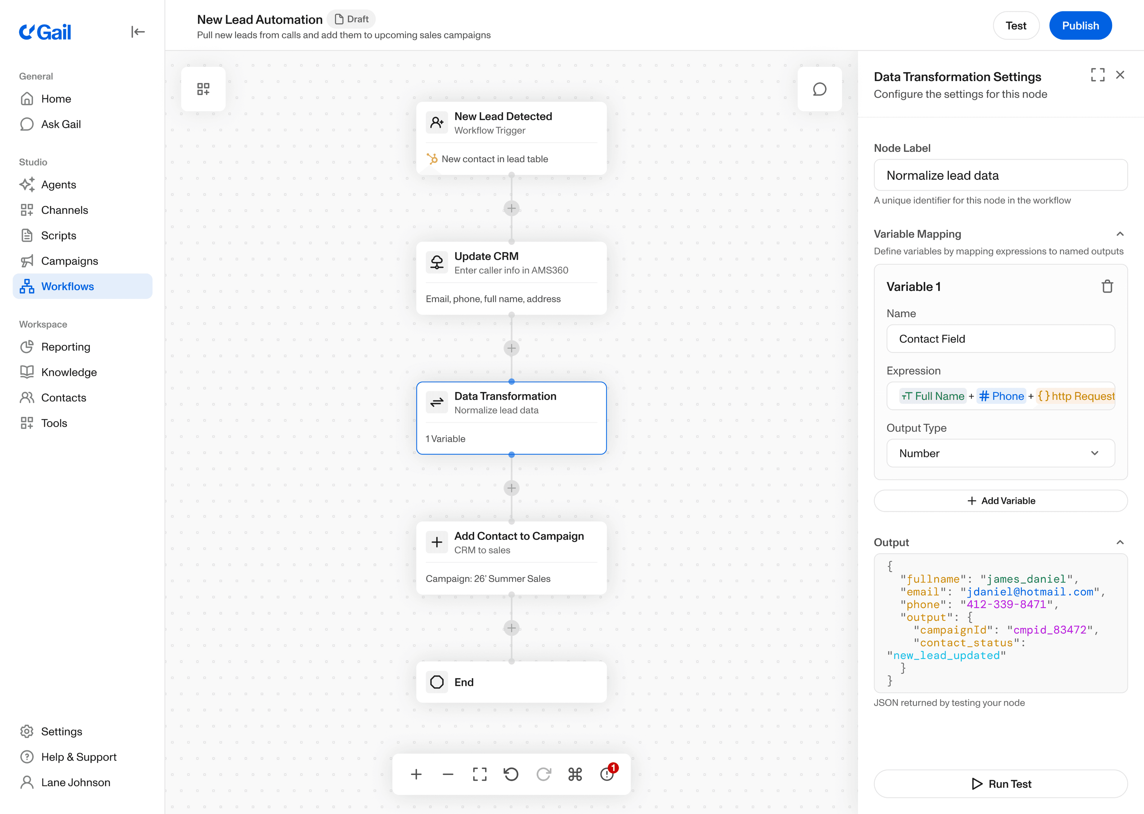 Gail's workflow automation builder canvas