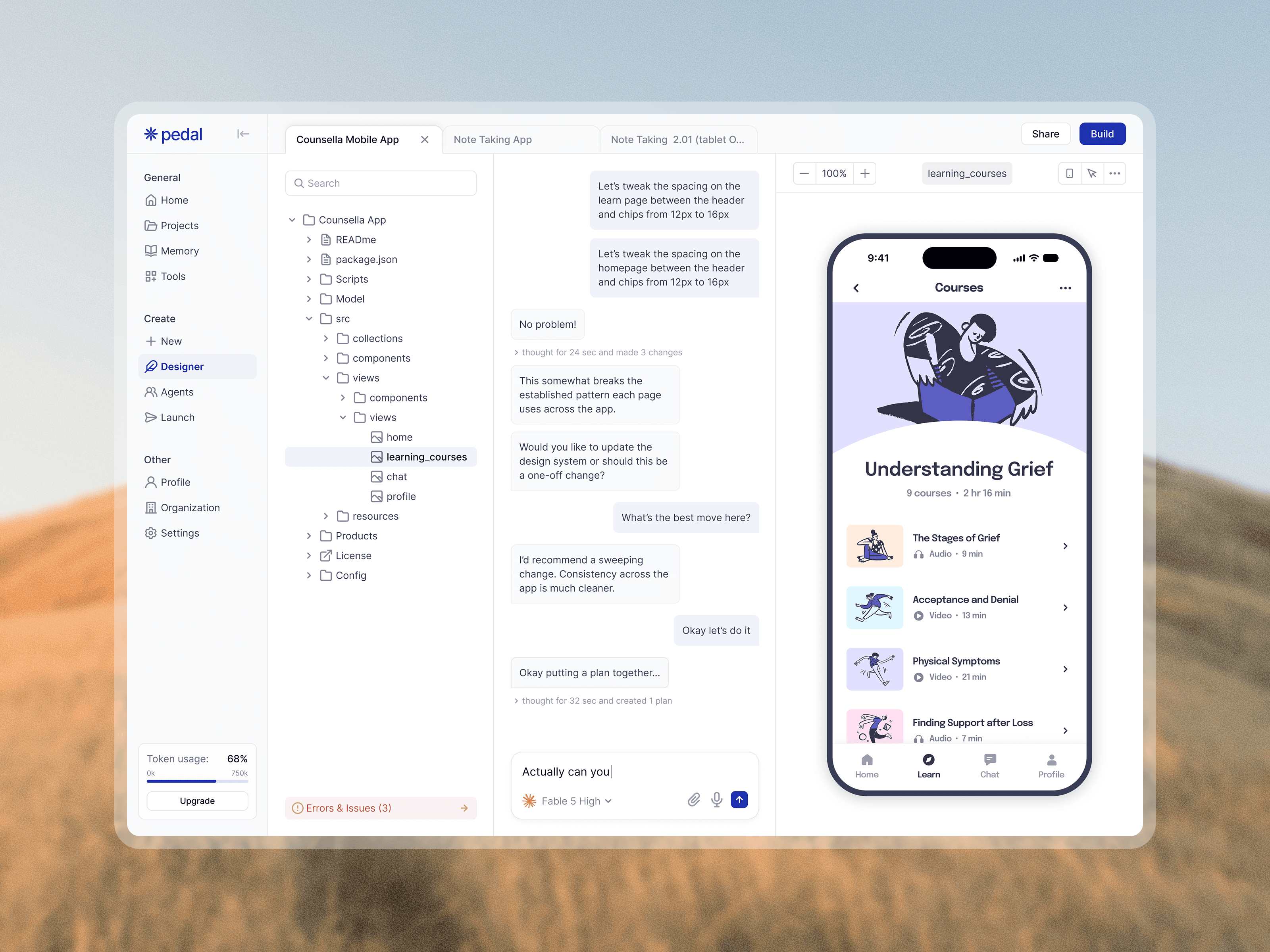 Desktop and mobile screens for an agent app creation workflow