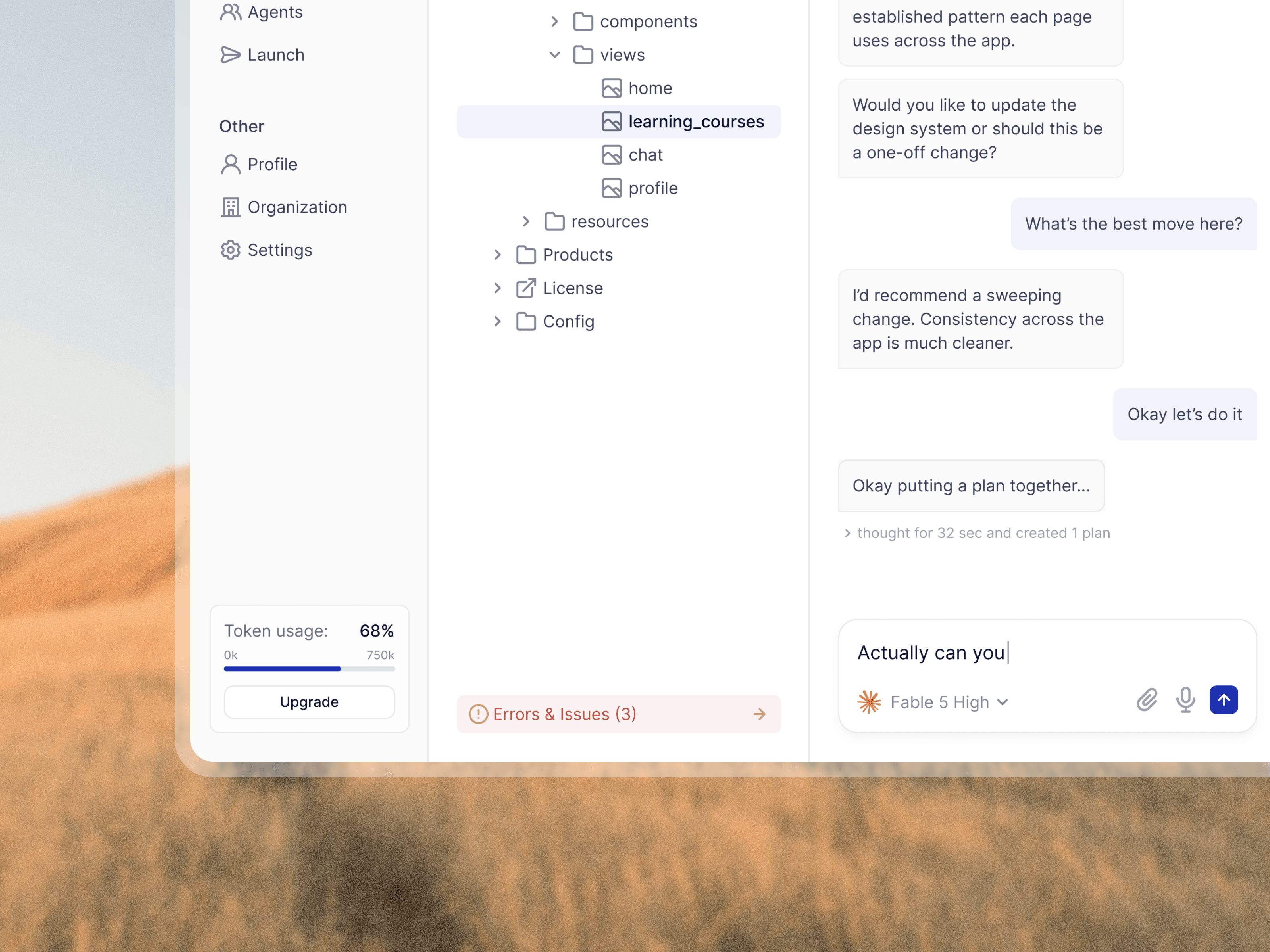 Agent setup and editing screens arranged over a scenic backdrop