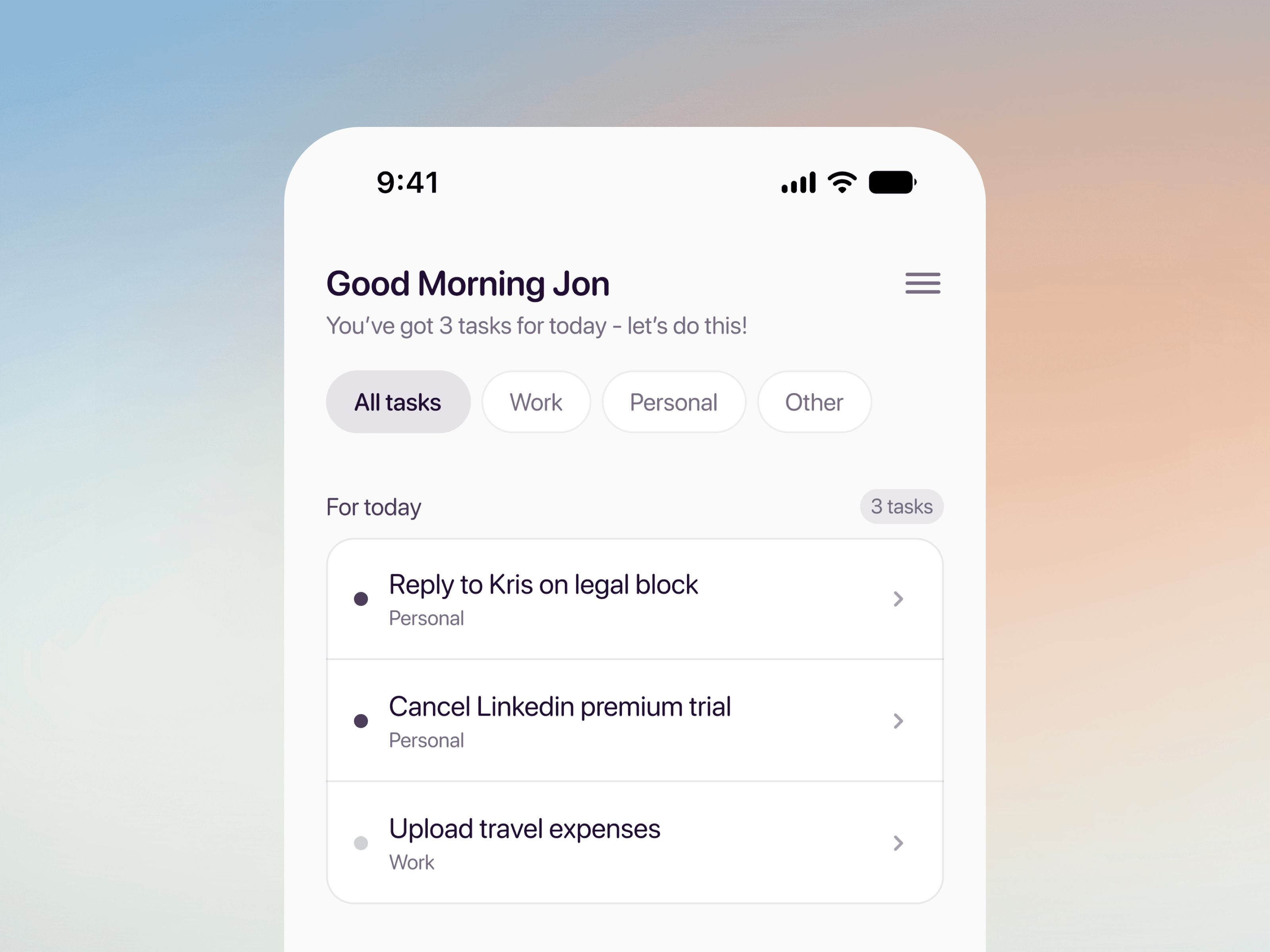 Mobile productivity onboarding screen on a soft gradient background