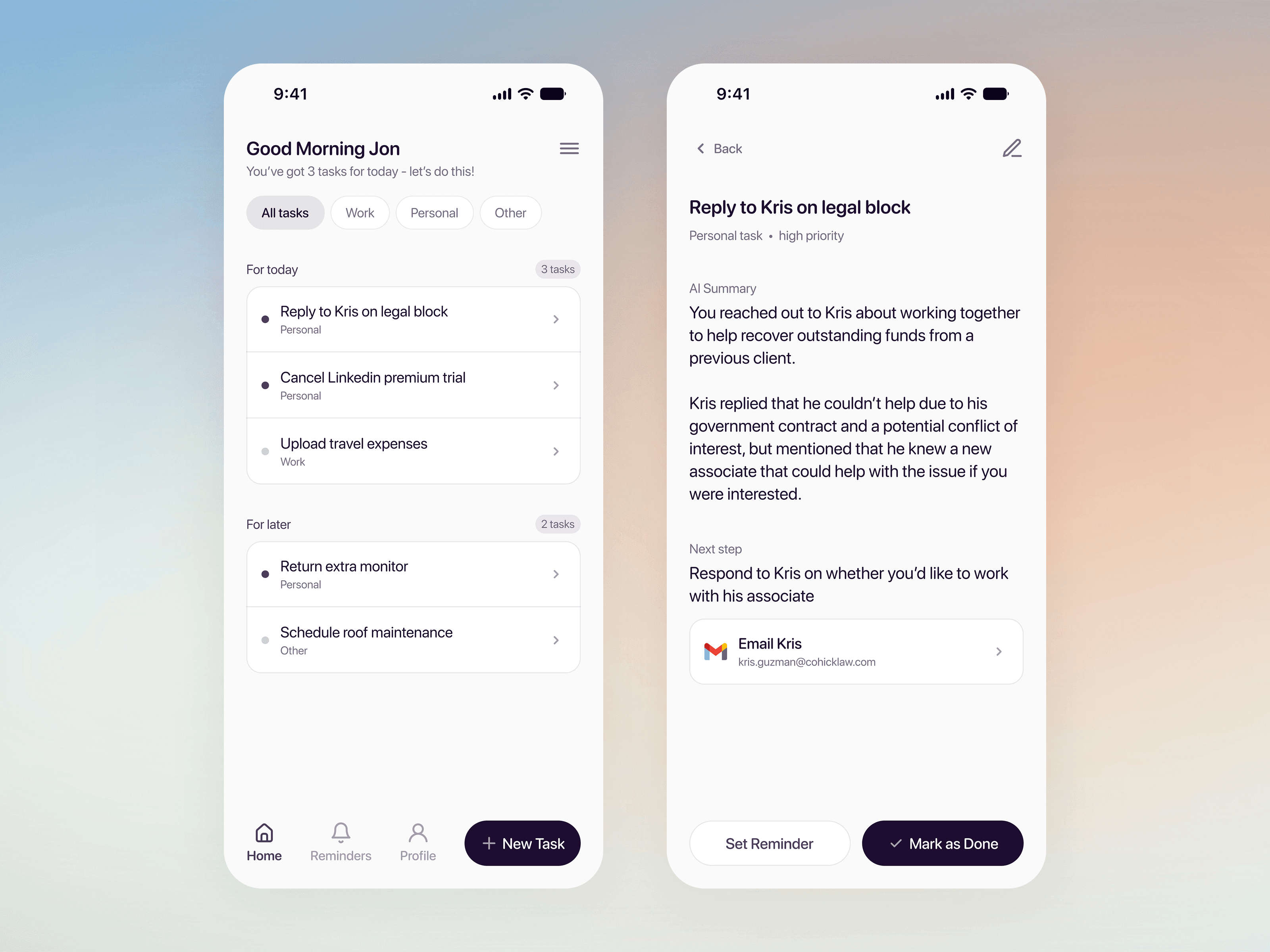 Three mobile productivity app screens showing task lists and routines