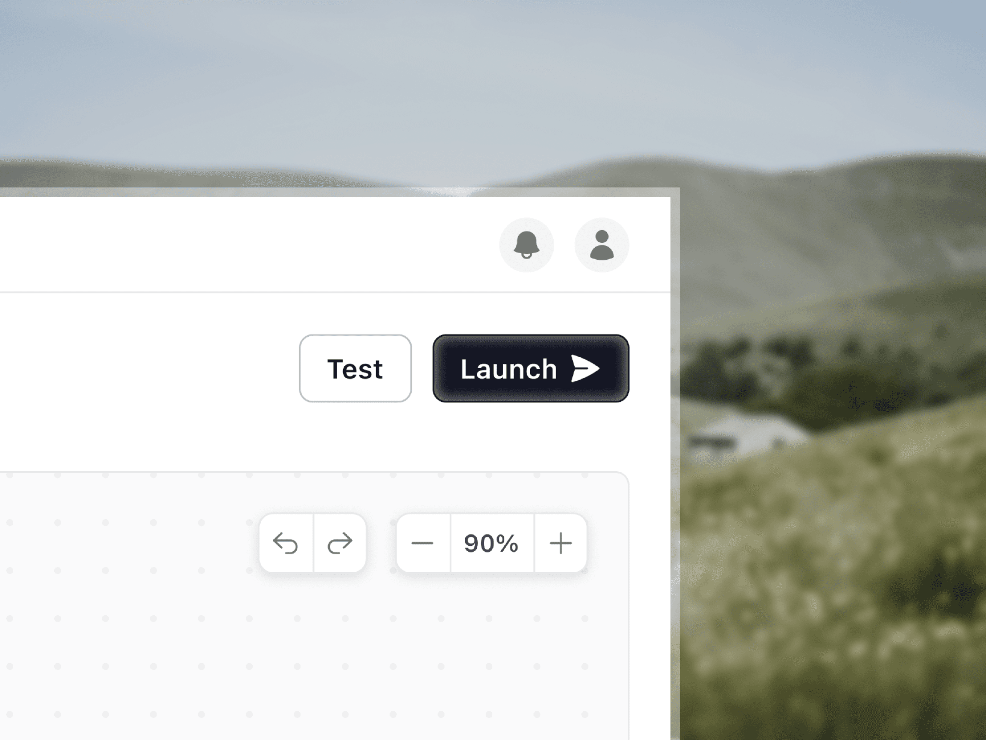 Minimal workflow interface cards floating over a landscape image