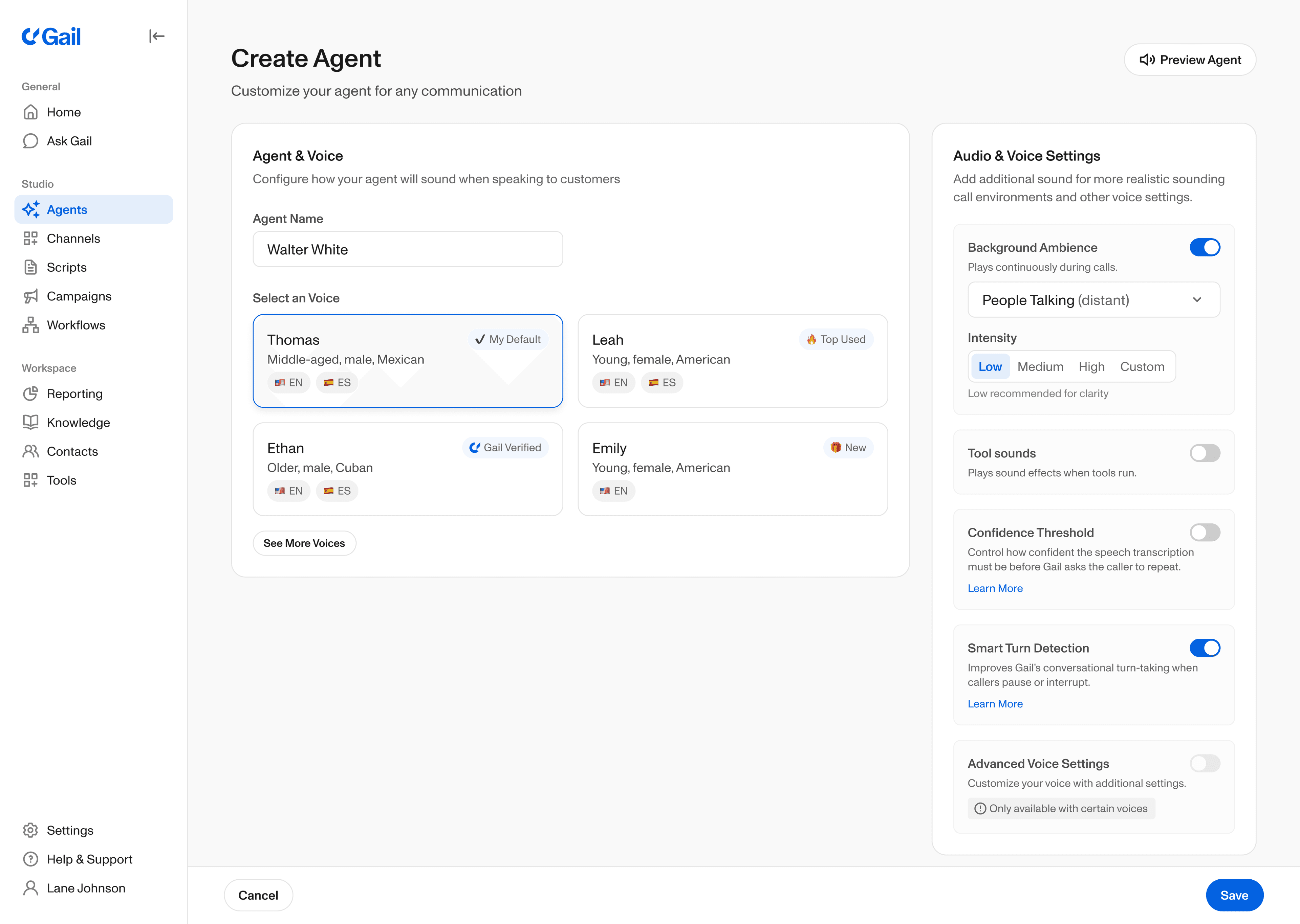 Gail’s Create Agent screen for configuring a conversational AI agent