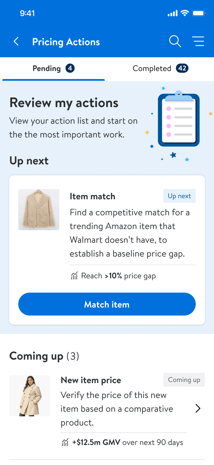 Mobile pricing actions screen
