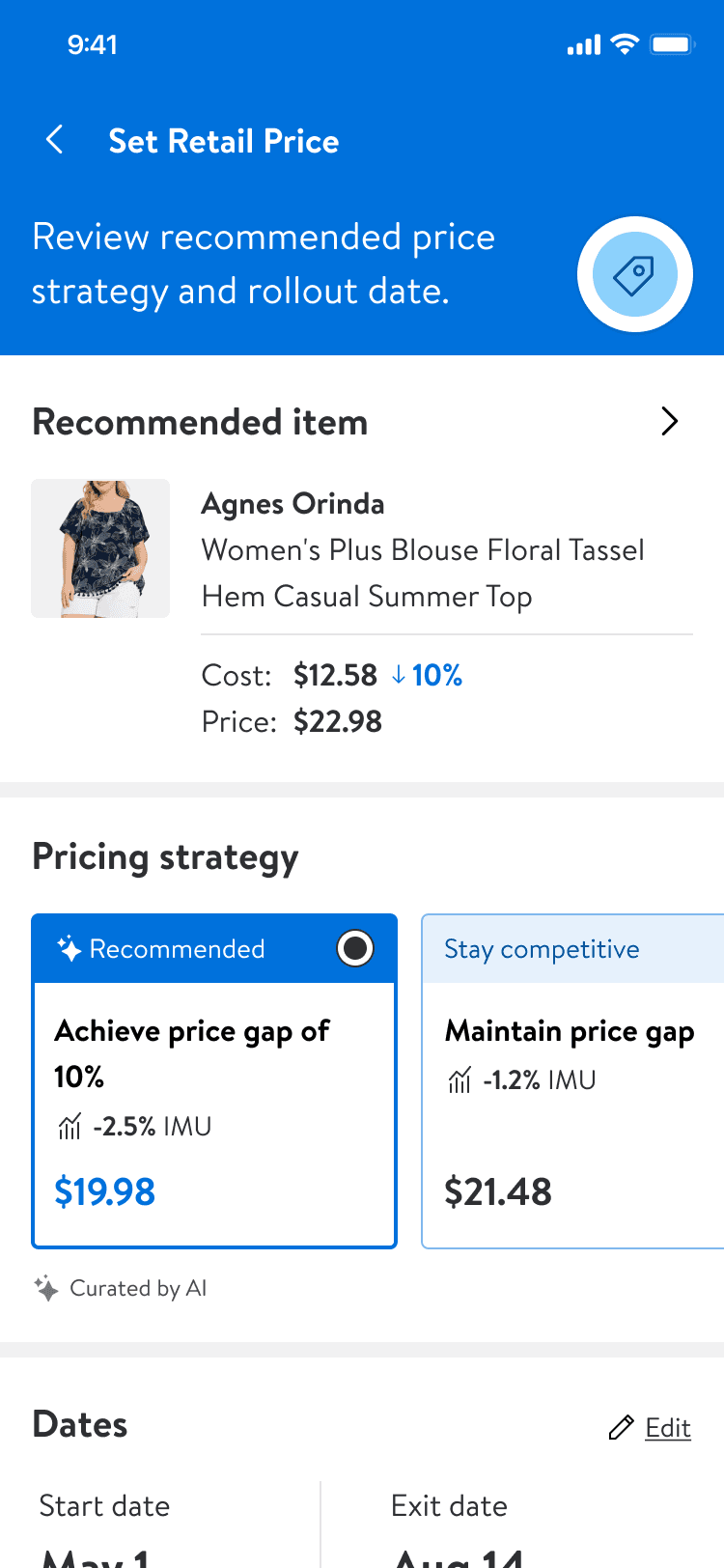 Mobile pricing home screen